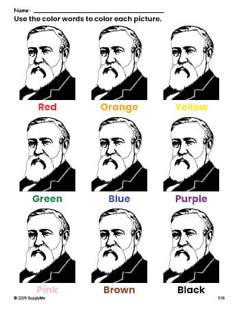 Free Presidents' Day Benjamin Harrison coloring page and color worksheet for preschoolers to learn colors, printable PDF