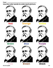 Free Presidents' Day Benjamin Harrison coloring page and color worksheet for preschoolers to learn colors, printable PDF