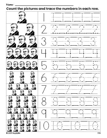 Free printable Presidents' Day Benjamin Harrison counting worksheet for preschool and pre-k with number tracing practice 1-10, PDF