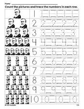 Free printable Presidents' Day Benjamin Harrison counting worksheet for preschool and pre-k with number tracing practice 1-10, PDF