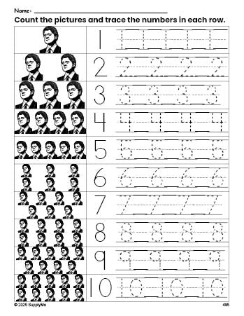 Free printable Presidents' Day Bill Clinton counting worksheet for preschool and pre-k with number tracing practice 1-10, PDF