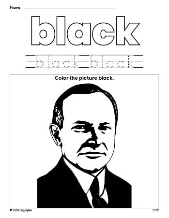 Free Presidents' Day Calvin Coolidge color black coloring page and color worksheet, black worksheet for preschoolers to learn colors, printable PDF