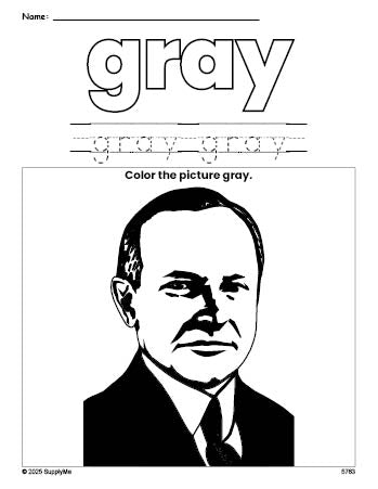 Free Presidents' Day Calvin Coolidge color gray coloring page and color worksheet, gray worksheet for preschoolers to learn colors, printable PDF