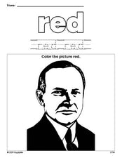 Free Presidents' Day Calvin Coolidge color red coloring page and color worksheet, red worksheet for preschoolers to learn colors, printable PDF