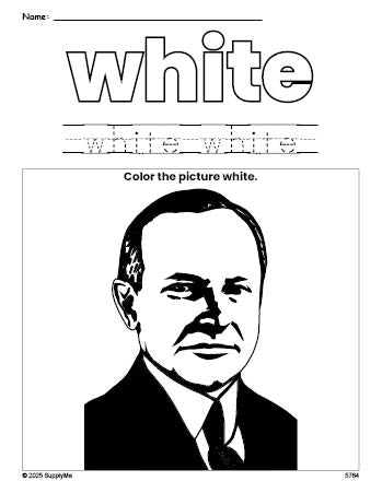 Free Presidents' Day Calvin Coolidge color white coloring page and color worksheet, white worksheet for preschoolers to learn colors, printable PDF