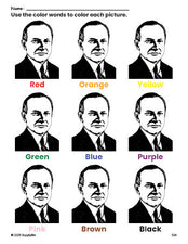 Free Presidents' Day Calvin Coolidge coloring page and color worksheet for preschoolers to learn colors, printable PDF