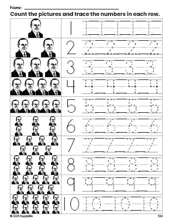 Free printable Presidents' Day Calvin Coolidge counting worksheet for preschool and pre-k with number tracing practice 1-10, PDF