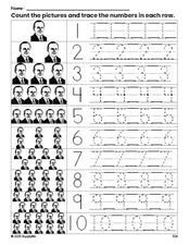 Free printable Presidents' Day Calvin Coolidge counting worksheet for preschool and pre-k with number tracing practice 1-10, PDF