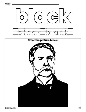 Free Presidents' Day Chester A Arthur color black coloring page and color worksheet, black worksheet for preschoolers to learn colors, printable PDF