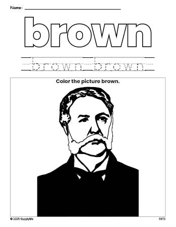 Free Presidents' Day Chester A Arthur color brown coloring page and color worksheet, brown worksheet for preschoolers to learn colors, printable PDF