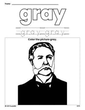 Free Presidents' Day Chester A Arthur color gray coloring page and color worksheet, gray worksheet for preschoolers to learn colors, printable PDF