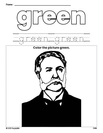 Free Presidents' Day Chester A Arthur color green coloring page and color worksheet, green worksheet for preschoolers to learn colors, printable PDF