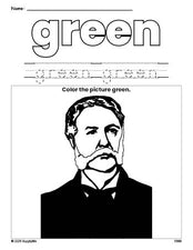 Free Presidents' Day Chester A Arthur color green coloring page and color worksheet, green worksheet for preschoolers to learn colors, printable PDF