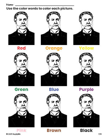 Free Presidents' Day Chester A Arthur coloring page and color worksheet for preschoolers to learn colors, printable PDF