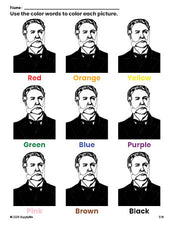 Free Presidents' Day Chester A Arthur coloring page and color worksheet for preschoolers to learn colors, printable PDF