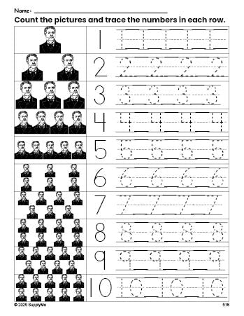 Free printable Presidents' Day Chester A Arthur counting worksheet for preschool and pre-k with number tracing practice 1-10, PDF