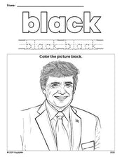 Free Presidents' Day Donald Trump color black coloring page and color worksheet, black worksheet for preschoolers to learn colors, printable PDF