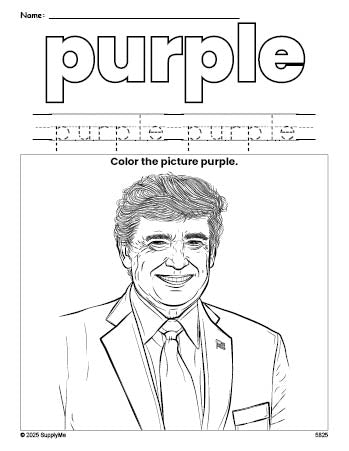 Free Presidents' Day Donald Trump color purple coloring page and color worksheet, purple worksheet for preschoolers to learn colors, printable PDF