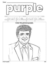 Free Presidents' Day Donald Trump color purple coloring page and color worksheet, purple worksheet for preschoolers to learn colors, printable PDF