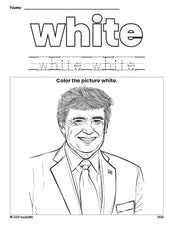 Free Presidents' Day Donald Trump color white coloring page and color worksheet, white worksheet for preschoolers to learn colors, printable PDF