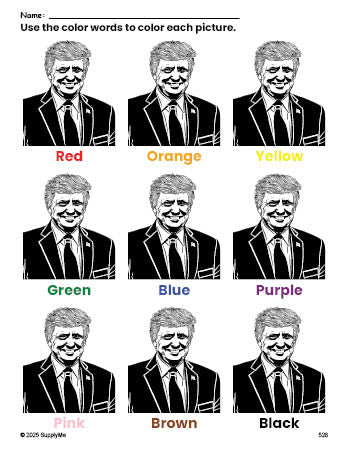 Free Presidents' Day Donald Trump coloring page and color worksheet for preschoolers to learn colors, printable PDF