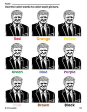 Free Presidents' Day Donald Trump coloring page and color worksheet for preschoolers to learn colors, printable PDF