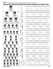 Free printable Presidents' Day Donald Trump counting worksheet for preschool and pre-k with number tracing practice 1-10, PDF