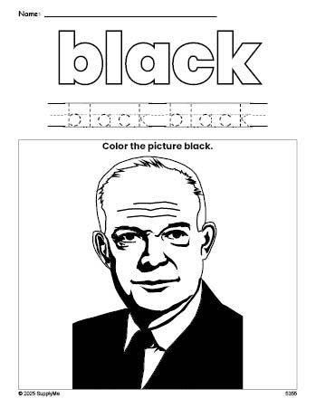 Free Presidents' Day Dwight D Eisenhower color black coloring page and color worksheet, black worksheet for preschoolers to learn colors, printable PDF