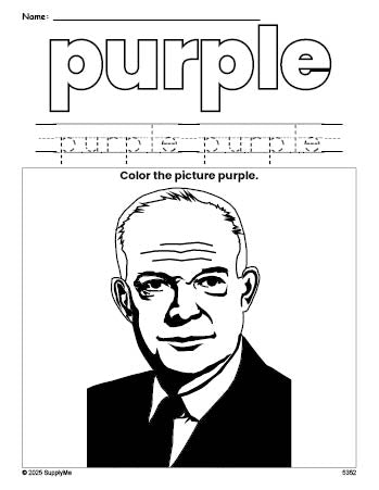 Free Presidents' Day Dwight D Eisenhower color purple coloring page and color worksheet, purple worksheet for preschoolers to learn colors, printable PDF