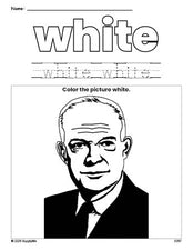 Free Presidents' Day Dwight D Eisenhower color white coloring page and color worksheet, white worksheet for preschoolers to learn colors, printable PDF