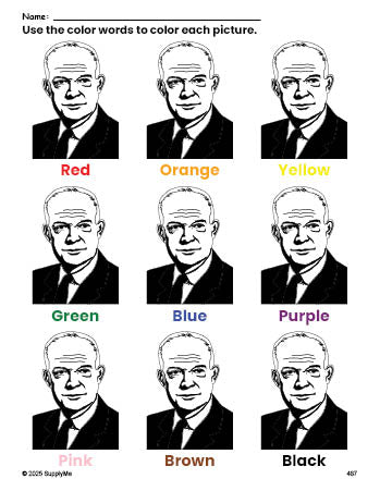 Free Presidents' Day Dwight D Eisenhower coloring page and color worksheet for preschoolers to learn colors, printable PDF