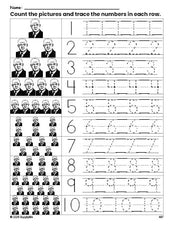 Free printable Presidents' Day Dwight D Eisenhower counting worksheet for preschool and pre-k with number tracing practice 1-10, PDF