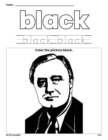 Free Presidents' Day Franklin D Roosevelt color black coloring page and color worksheet, black worksheet for preschoolers to learn colors, printable PDF