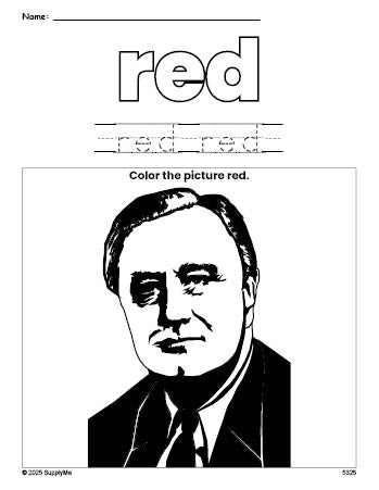 Free Presidents' Day Franklin D Roosevelt color red coloring page and color worksheet, red worksheet for preschoolers to learn colors, printable PDF