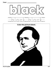 Free Presidents' Day Franklin Pierce color black coloring page and color worksheet, black worksheet for preschoolers to learn colors, printable PDF