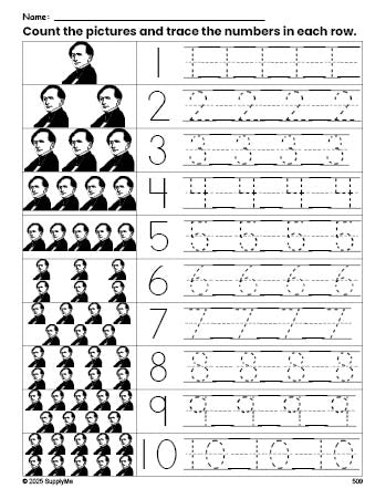 Free printable Presidents' Day Franklin Pierce counting worksheet for preschool and pre-k with number tracing practice 1-10, PDF