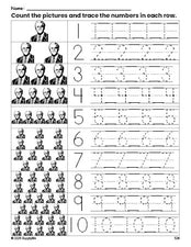 Free printable Presidents' Day George W Bush counting worksheet for preschool and pre-k with number tracing practice 1-10, PDF