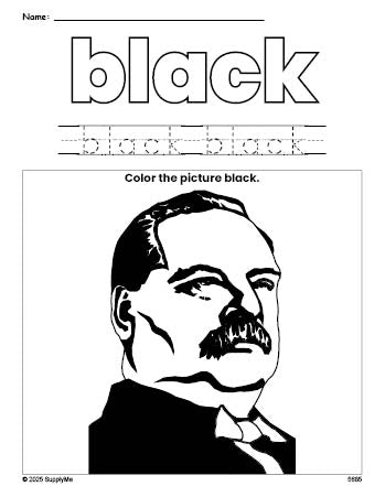 Free Presidents' Day Grover Cleveland color black coloring page and color worksheet, black worksheet for preschoolers to learn colors, printable PDF