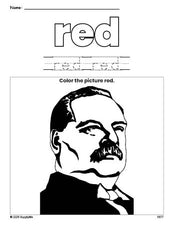 Free Presidents' Day Grover Cleveland color red coloring page and color worksheet, red worksheet for preschoolers to learn colors, printable PDF