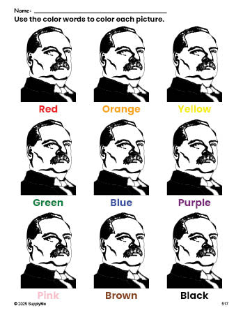 Free Presidents' Day Grover Cleveland coloring page and color worksheet for preschoolers to learn colors, printable PDF