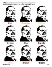 Free Presidents' Day Grover Cleveland coloring page and color worksheet for preschoolers to learn colors, printable PDF