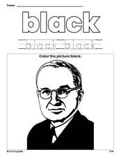 Free Presidents' Day Harry S Truman color black coloring page and color worksheet, black worksheet for preschoolers to learn colors, printable PDF