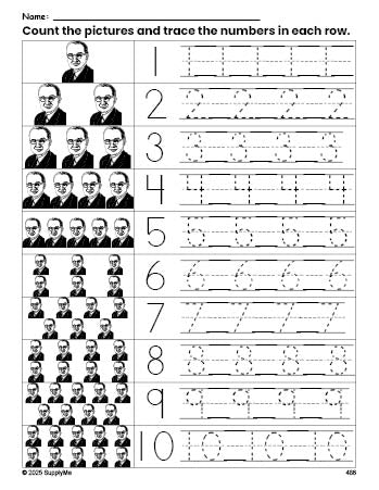 Free printable Presidents' Day Harry S Truman counting worksheet for preschool and pre-k with number tracing practice 1-10, PDF