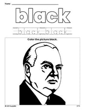 Free Presidents' Day Herbert Hoover color black coloring page and color worksheet, black worksheet for preschoolers to learn colors, printable PDF