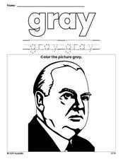 Free Presidents' Day Herbert Hoover color gray coloring page and color worksheet, gray worksheet for preschoolers to learn colors, printable PDF