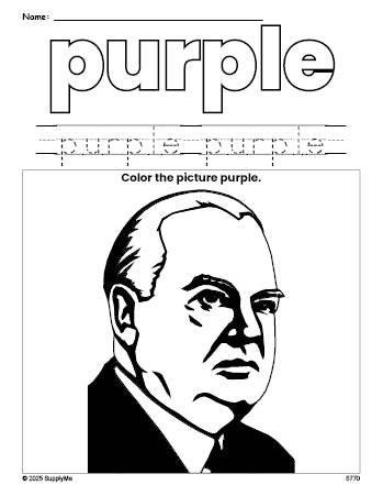 Free Presidents' Day Herbert Hoover color purple coloring page and color worksheet, purple worksheet for preschoolers to learn colors, printable PDF