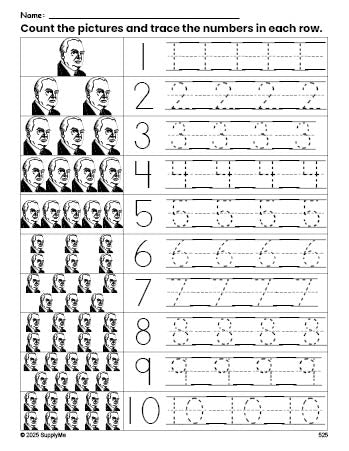 Free printable Presidents' Day Herbert Hoover counting worksheet for preschool and pre-k with number tracing practice 1-10, PDF