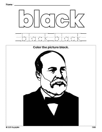 Free Presidents' Day James A Garfield color black coloring page and color worksheet, black worksheet for preschoolers to learn colors, printable PDF