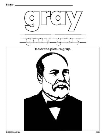 Free Presidents' Day James A Garfield color gray coloring page and color worksheet, gray worksheet for preschoolers to learn colors, printable PDF