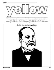 Free Presidents' Day James A Garfield color yellow coloring page and color worksheet, yellow worksheet for preschoolers to learn colors, printable PDF